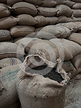textile bag filled with roasted coffee beans waiting to be sold, Sidama, Ethipoia