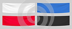 Textile banners. Vector realistic advertising blank fabric template. White red blue black textile banners isolated on