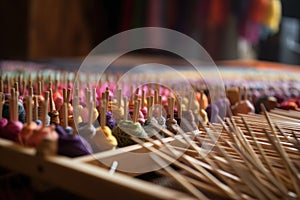 textile crafts workshop, with rows of knitting needles and colorful yarn