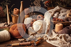 textile crafts workshop, with tools and materials for making knitted or crocheted scarves and shawls