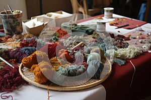 textile craftsworkshop, with yarns and needles in abundance