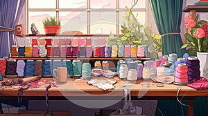 Textile designer workspace filled with colorful threads and sewing equipment illustration AI Generated