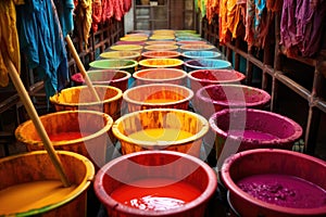 textile dyeing process with buckets of vibrant colors