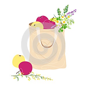 Textile  Eco Bag with Apples and Wildflowers