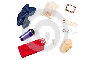 Textile eco bags, glass jars and bamboo toothbrush on white background