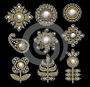 Textile embroidered patches with sequins, beads and pearls. Vector illustration.