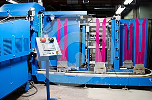 Textile fabric manufacturing machines in work.