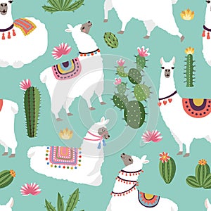 Textile fabric seamless patterns with illustrations of llama and cactus