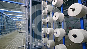 Textile factory equipment. Garment factory unit with unwinding sewing spools