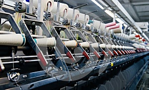 Textile factory equipment. manufacture of threads and yarns. Industrial concept.