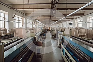 textile factory, with rows of machines and workers busy in the production process