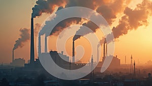 Textile factory smoke stacks billow pollution into sky. Air emissions harm eco. Environmental damage from fast fashion. Industrial photo