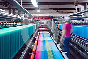 Textile factory with workers operating high-speed weaving machines to produce colorful fabric