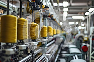 A textile factory with yellow thread spools on machines, showcasing industrial efficiency and large-scale production