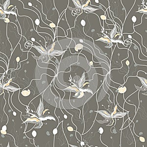 Textile floral pattern in french style, baroque, rococo. Contour light flowers seamless pattern with pearls on a beige background