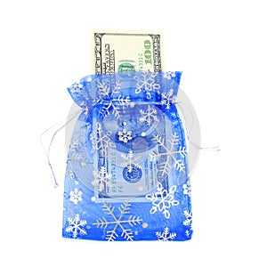 Textile gift bag with one hundred dollars banknote