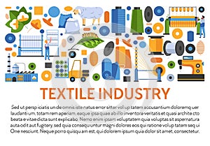 Textile industry banner with fabrics manufacturing icons and text