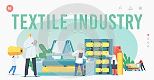 Textile Industry Landing Page Template. Characters Work on Fabric Production Factory. Workers at Automated Machine