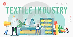 Textile Industry Landing Page Template. Characters Work on Fabric Production Factory. Workers at Automated Machine photo