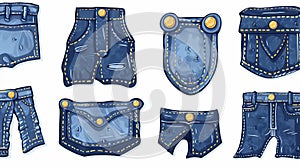 Textile labels with a denim cloth texture. Modern illustration of tags from blue canvas fabric with yellow stitches and