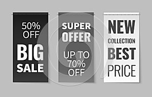 Textile labels. Fabric material stitched clothes tags, elegant white, black, grey discount flyers, sale season