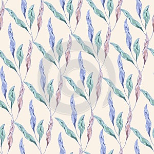 Textile leafy pattern on a beige background. Seamless vector illustration for fabric, tiles and bandits on the wall