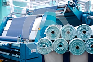 Textile Manufacturing. Circular knitted fabric. Textile factory in spinning production line and a rotating machinery and equipment