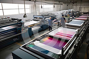 A textile printing factory with workers operating digital textile printers to produce printed fabrics and textiles