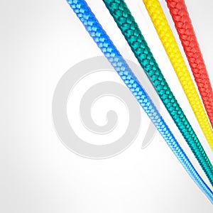 Textile, rope and string with color on background, mock up or space with nylon cable for creativity. Creative, ties and