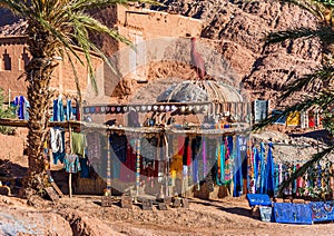 Textile shop on the street of the old city of Ait-Ben-Haddou, Morocco