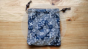 Textile soft bag with blue-white pattern