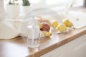 Textile Tote Bag Filled With Fresh Fruits On The Kitchen Counter, Near The Kitchen Sink, Ready To Be Washed. Detergent And