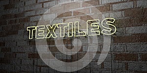 TEXTILES - Glowing Neon Sign on stonework wall - 3D rendered royalty free stock illustration