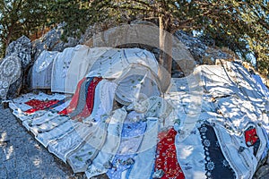 Textiles with traditional Greek embroidery, Lindos, Rhodes Island, Greece