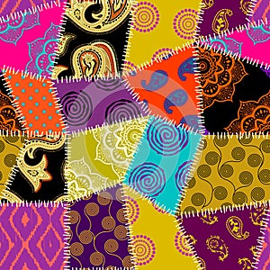 Textille patchwork pattern. Seamless Vector image. Bright tribal patchwork.