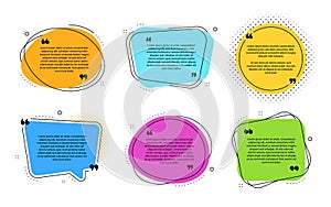 Texting boxes. Quote text design info boxes. Quotation chat bubbles. Speech citation balloons. Vector set