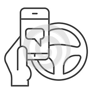 Texting while driving thin line icon. Smartphone threat and steering wheel symbol, outline style pictogram on white