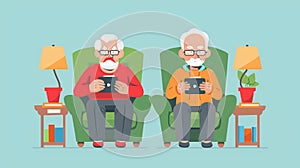 Texting online by elderly couples. Flat illustration of a couple using a digital device to send messages to each other