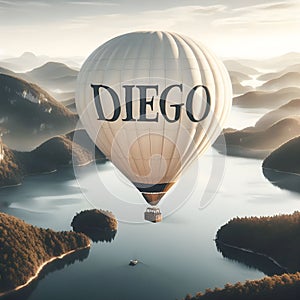 Texto name Diego watercolor of a off white hot air balloon. photo