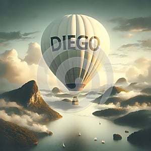 Texto name Diego watercolor of a off white hot air balloon. photo