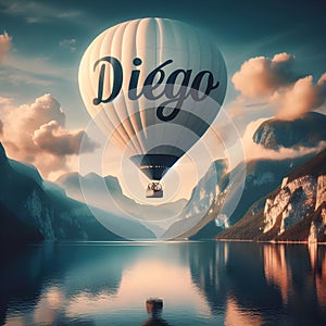 Texto name Diego watercolor of a off white hot air balloon. photo