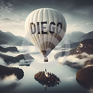 Texto name Diego watercolor of a off white hot air balloon. photo