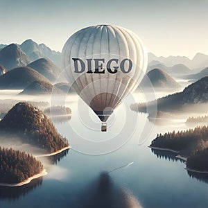 Texto name Diego watercolor of a off white hot air balloon. photo