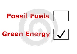 Texts Fossil Fuels and Green Energy with check boxes on their sides