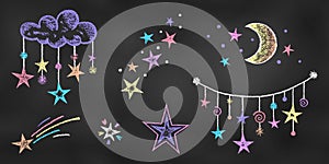 Textural Chalk Drawn Sketch. Set of Colorful Design Elements Night Sky Decorations Isolated on Black Blackboard