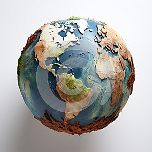 Textural Explorations: Earth Model On Colored Background With Isometric Wood Texture photo
