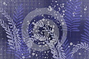 Textural hand drawn fern and leaves dotted Japanese style faded denim indigo blue batik look unique design background