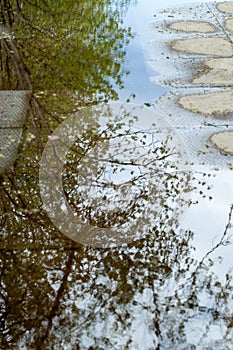 Texture background of fabric. Spring landscape, a puddle of melt