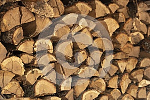 Texture of the background image of chopped oak firewood stacked in a woodpile. Copy space. Selective focus