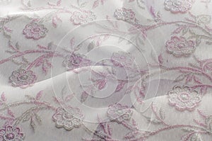 Texture, background, pattern. Pink lace on white background. Pin